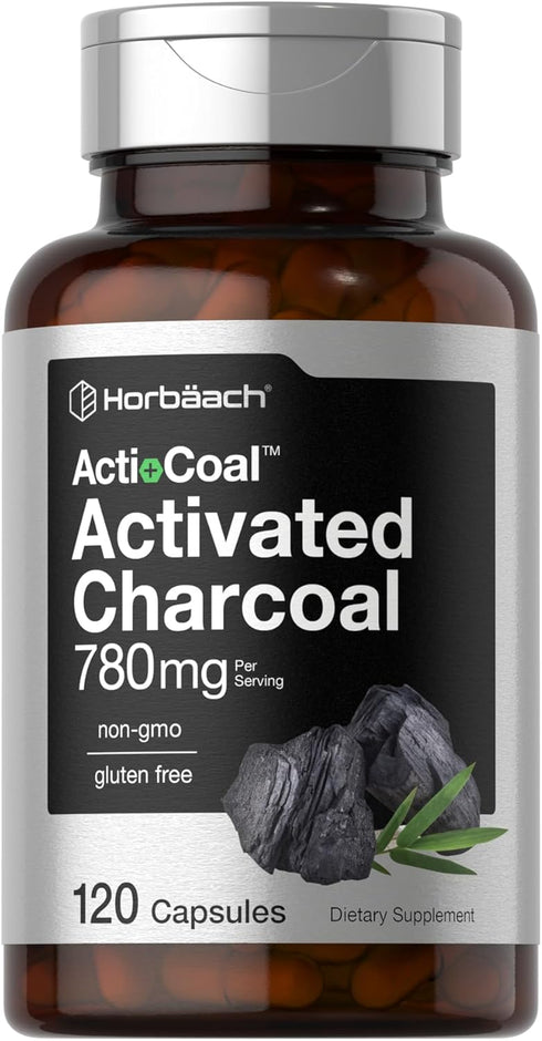 Horbaach Charcoal Pills 780mg | 120 Capsules | Activated Charcoal from Coconut Shells, Non-GMO, Gluten Free