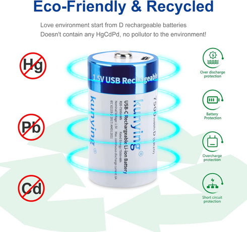 kunying 4 Pack 1.5V 7500mAh 4-in-1 Rechargeable D Batteries Lithium, Long Lasting High Capacity D Cell Batteries