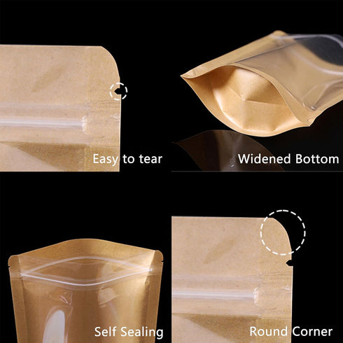 50pcs Kraft Bags with Window, Clear Front Pouches, Resealable Stand Up Zip Lock Food Storage Bags, Brown