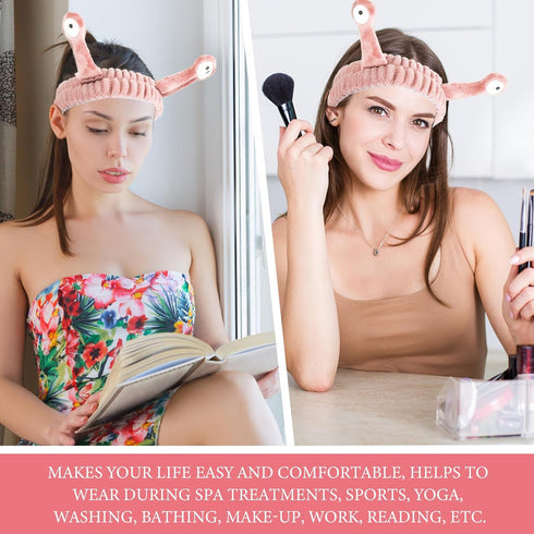 Spa Headband Facial Makeup Head Band, Microfiber Coral Fleece Snail Cartoon Hair Accessories for Washing Face (Pink)