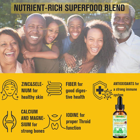 1000mg Irish Sea Moss Drops with Black Seeds Oil, Bladderwrack, Burdock Root, Vitamin C and Zinc - 98 Essential
