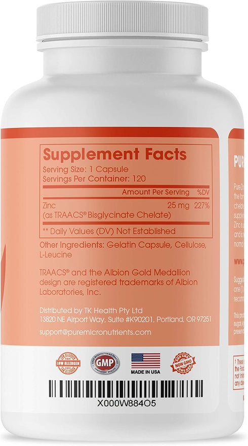 Pure Zinc Supplement, Natural Zinc Glycinate 25mg, 120 Capsules - Pure Micronutrients