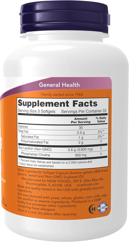NOW Supplements, Lecithin 1200 mg with naturally occurring Phosphatidyl Choline, 100 Softgels
