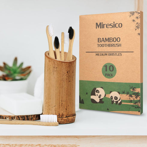 Bamboo Toothbrushes (10 Pack), Eco-Friendly Medium Firm Bristles, Natural Biodegradable Charcoal Wooden Tooth Brush