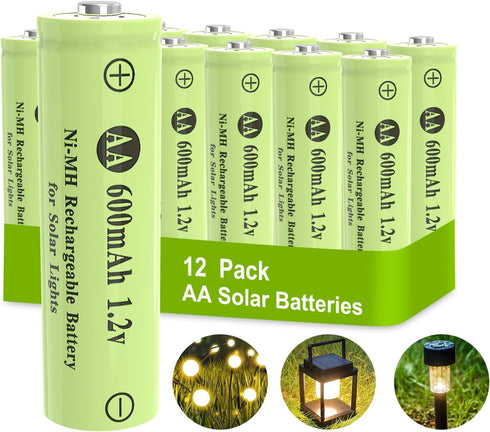 Porvoo AA 600mAh Ni-MH Rechargeable Batteries 1.2V for Outdoor Solar Lights, Garden Lights, String Lights (12 Pack)