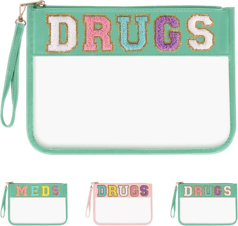 Iqimott Chenille Letter Patch Bag, Clear MEDS Drugs Pouch, Waterproof Nylon Zipper Toiletry Storage Case - Green