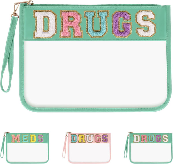 Iqimott Chenille Letter Patch Bag, Clear MEDS Drugs Pouch, Waterproof Nylon Zipper Toiletry Storage Case - Green