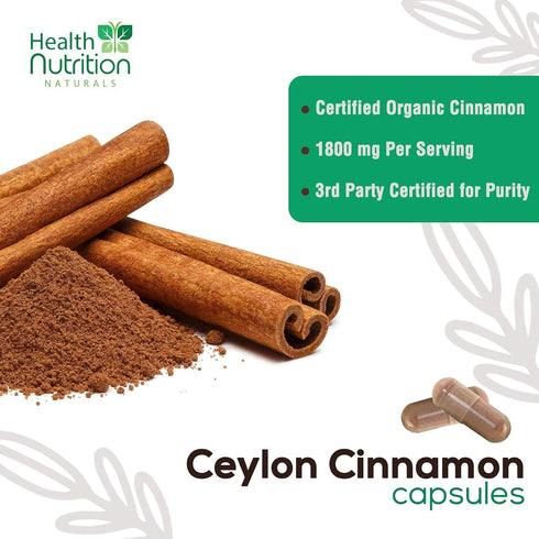 Pure Cinnamon Capsules 1800mg - Certified Organic Ceylon Cinnamon Powder, Non-GMO, Vegan, 120 Count Antioxidant Rich