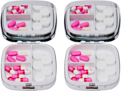 Set 2 3 Stephanie Imports Personal Pill Organizers, of Square-Shaped Pill Box with Mirror (Silver Etched Lines