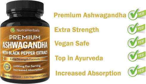 Ashwagandha Supplement, Premium Ashwaganda Root Powder 1200mg with Black Pepper Extract, 120 Vegi Capsules