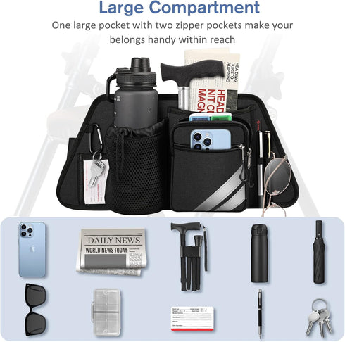FINPAC Rollator Side Storage Bag with Cup Holder for Bariatric Walkers, Wheelchairs - Rollator Attachment Organizer