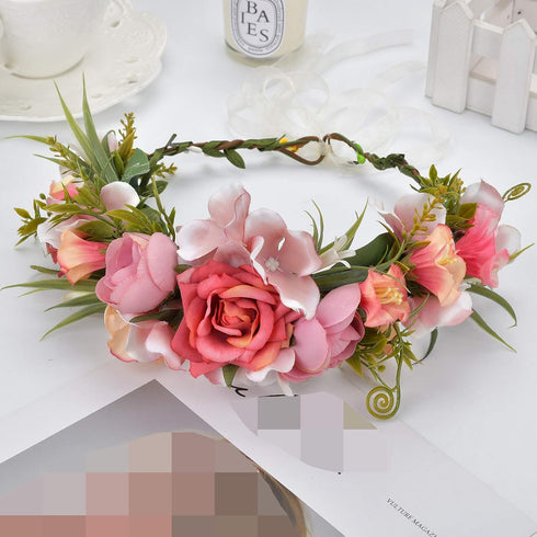 Women Floral Crown Boho Flower Headband, Hair Wreath Floral Halo Headpiece with Ribbon for Wedding Party Photos.