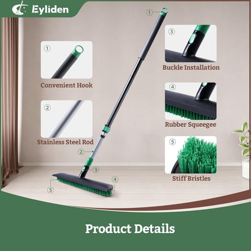 Eyliden 15” Floor Scrub Brush - 2-in-1 Stiff Bristle and Soft Scrape with Telescopic Long Handle
