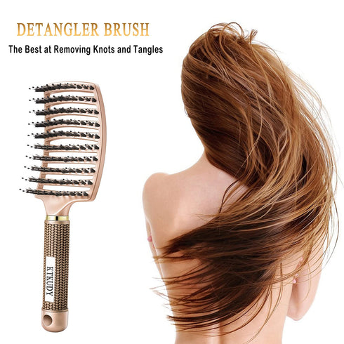 KTKUDY Gold Detangling Brush, Boar Bristles Hairbrush for Wet and Dry Hair, Pain-Free Knot Removal