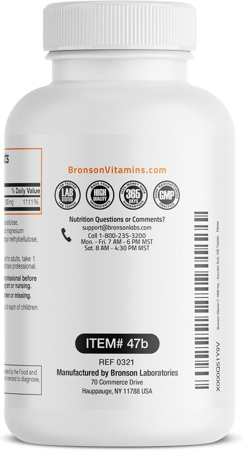 Vitamin C 1000 mg Premium Non-GMO Ascorbic Acid - 250 Tablets for Immune System Support