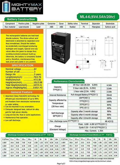 Mighty Max Battery ML4-6 6 Volt 4.5 AH Rechargeable SLA AGM Battery with F1 Terminal
