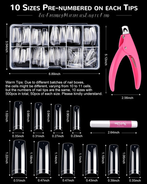 MORGLES Clear Acrylic Nail Tips - 500 Pcs French Nail Tips Square Half Cover with Glue, Clipper, and Files
