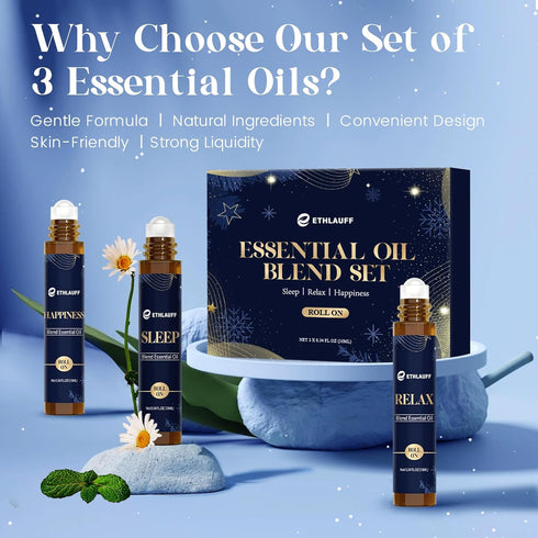 Set, Essential Oil Roller (Sleep, Relax, Happiness) Aromatherapy Roll On for Body Skin Care, Home - Natural