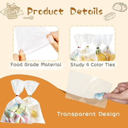 QOIUSO 100pcs Cellophane Treat Bags: 4 x 6 Inch Small Clear Goodie Candy Bags with 4 Colors Twist Ties for Gift Wrapping