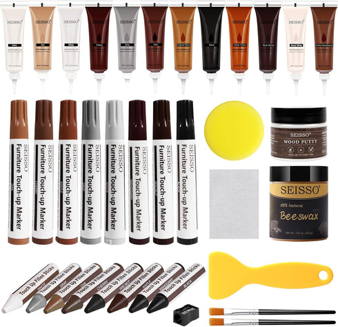 SEISSO Wood Furniture Repair Kit, 12 Colors Wood Fillers, Touch Up Markers, Beeswax, for Stains, Scratches, Cracks