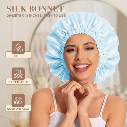 Satin Bonnet Silk Hair Bonnet for Sleeping, Slouchy Beanie Hat for Women's Natural & Curly Hair (Blue)