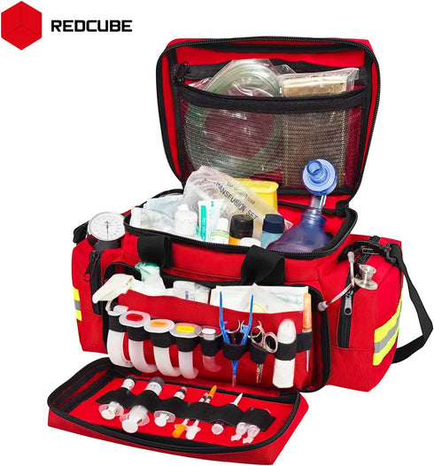 REDCUBE Emergency Bag - First Aid Empty Bags, Professional Multiple Compartment Kit Carrier for Emergency Medical