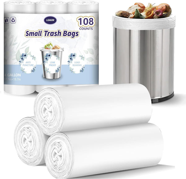 Small Trash Bags 4 Gallon - 108 Count Leakage-Proof, Unscented White 15L Small Garbage Bags for Office, Bedroom,