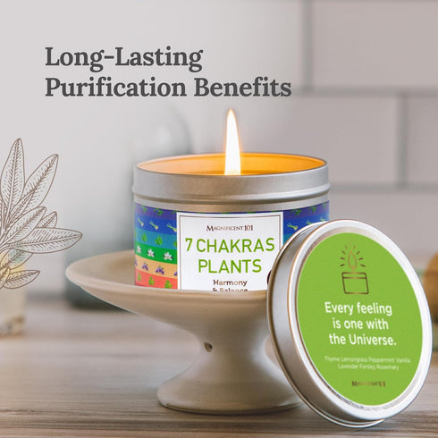 MAGNIFICENT 101 7 Chakras Plants Smudge Candle, Natural Soy Wax Tin Candle for Harmony and Balance, Energy Cleansing