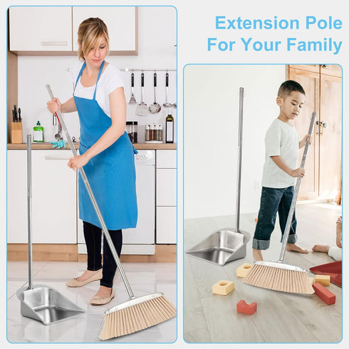 Stainless Steel Broom and Dustpan Set for Home, Heavy Duty Long Handle Dustpan Broom Set for Indoor Outdoor Kitchen Use