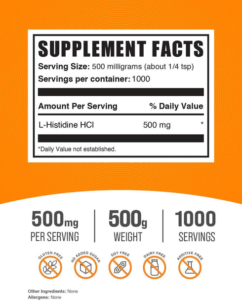 BulkSupplements.com L-Histidine HCl Powder, 500mg Essential Amino Acid, Gluten Free, 500g (1.1 lbs)