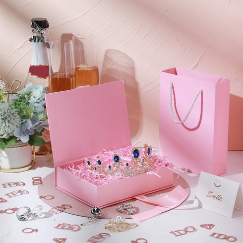 Zonon Back to School Gift Boxes, 9 x 7 x 3'' Luxury Gift Bags with Lid, Ribbon, Greeting Card, Tissue Paper (Pink)