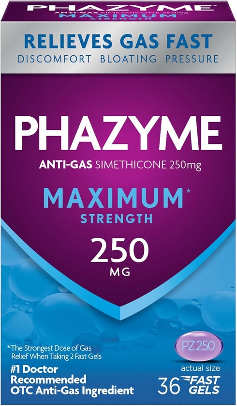 Phazyme Gas Relief - Maximum Strength Gas and Bloating Relief for Adults, 250 mg Simethicone Fast Gels, 36 Count
