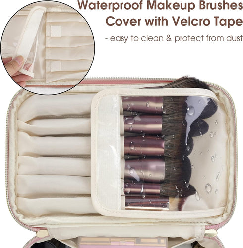 Wandering Nature Makeup Bag, Travel Make Up Organizer Cosmetic Brush Bags Case for Women in Eco Vegan Leather, Pink(Patent Pending)