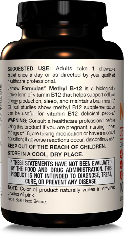Jarrow Formulas Ultra Strength Methyl B-12 - Dietary Supplement for Cellular Energy, 100 Chewable Tablets