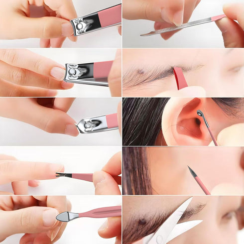 ZIZZON Mini Travel Manicure Set, 10 in 1 Stainless Steel Nail Clipper Grooming Kit with Case, Pink