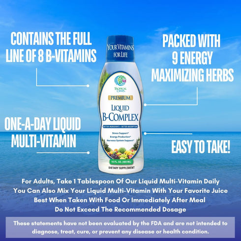 Premium Liquid B Complex Vitamin - Fast Absorbing Supplement with All 8 B-vitamins, Vegan, NON-GMO - 16oz