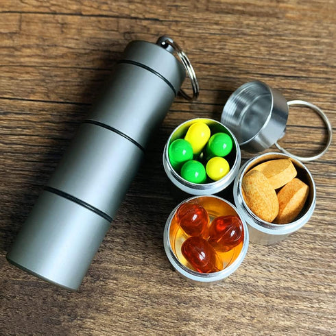 EFFIET Large Keychain Pill Holder, 3 Compartments Metal Pill Fob Case for Emergency Pills, Waterproof for Travel
