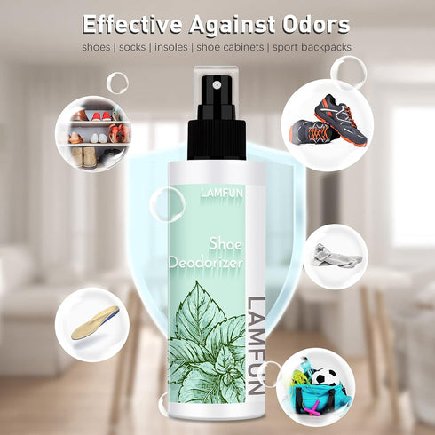 Shoe Odor Eliminator, Natural Deodorizer Spray for Stinky Sneakers or Smelly Feet, Peppermint, 150ml
