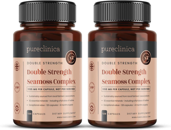 pureclinica Double Strength Seamoss Complex, 1155mg x 240 Capsules (2 Bottles of 120), 8 Months Supply
