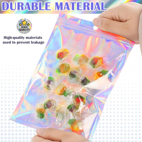 JETMORE 100 Pcs Smell Proof Mylar Bags with Clear Window, Resealable Holographic Bags for Snack, Jewelry, Gift