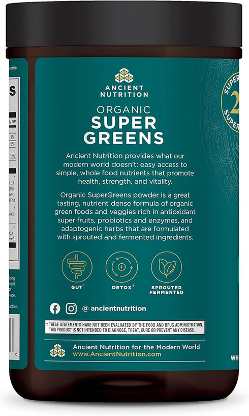 Ancient Nutrition Super Greens Powder, Organic Superfood with Probiotics, Spirulina, Chlorella, Matcha, 25 Servings