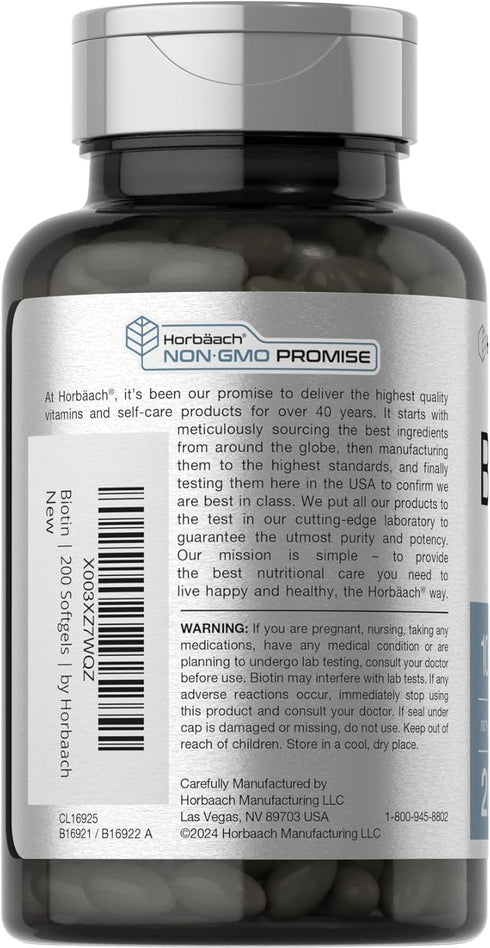 Horbaach Biotin 10000 mcg | 200 Softgels | Vitamin B7 Supplement, Non-GMO & Gluten Free
