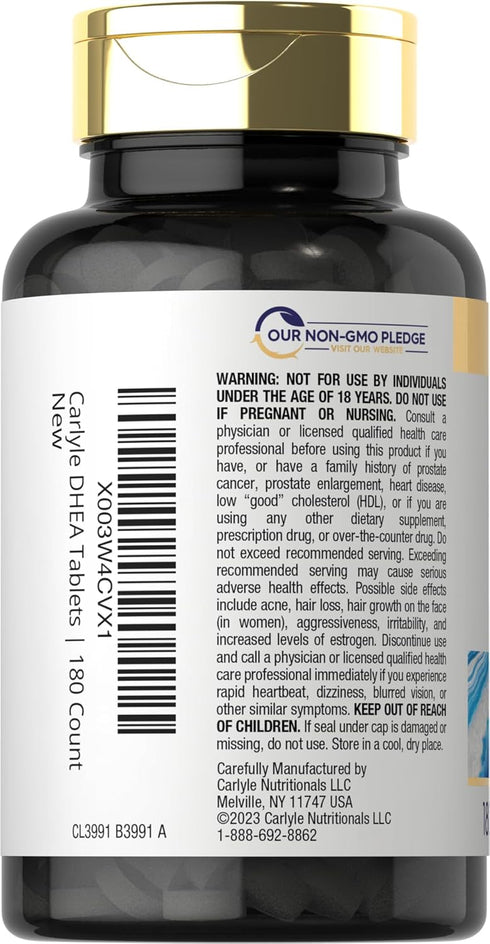 Carlyle DHEA 25mg Supplement | 180 Vegetarian Tablets for Men and Women, Non-GMO & Gluten Free