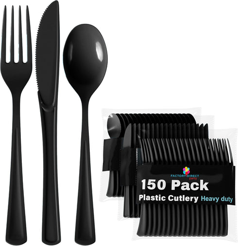 150 Pack Black Plastic Cutlery Set - Heavy Duty Disposable Silverware, 50 Forks, Spoons & Knives for Parties
