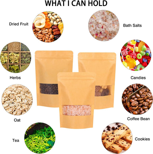 Moretoes 72pcs Kraft Paper Resealable Bags, 5.9x8.6 Inches Stand Up Pouches for Food Packaging, Ziplock Coffee Bags