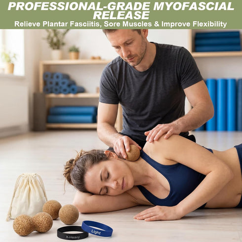 Set 4 2 1 Konohan Cork Massage Balls & Toe Stretching Bands Includes Peanut & Round Myofascial Release Balls, Toe