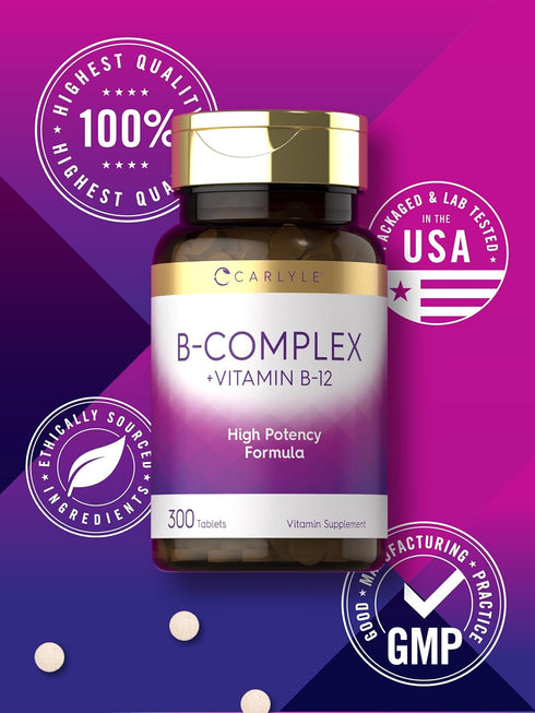 Carlyle B-Complex Vitamin with B12, 300 Tablets, High Potency, Vegetarian & Non-GMO