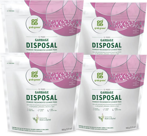 Grab Green Garbage Disposal Freshener and Cleaner Pods - 48 Count, Thyme with Fig Leaf - Removes Odors & Prevents