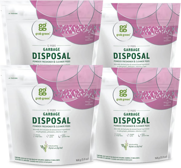 Grab Green Garbage Disposal Freshener and Cleaner Pods - 48 Count, Thyme with Fig Leaf - Removes Odors & Prevents