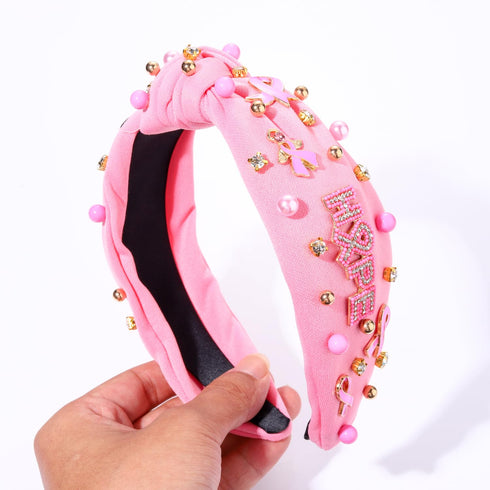 Pink Headband Pearl Crystal Hope Ribbon Knotted Headband Hair Accessories for Women (Beaded Hope)